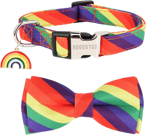 ADOGGYGO Rainbow Dog Collar with Bowtie, Adjustable Striped Bow Collar for Small Medium Large Dogs, Rainbow.