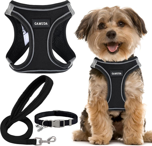 GAMUDA Small Dog Harness Collar and Leash Set - Step in No Choke No Pull Soft Mesh Vest (Black, S)