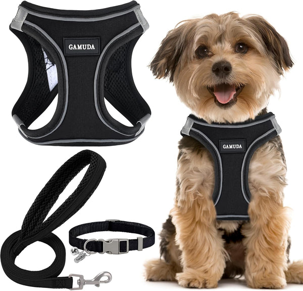 GAMUDA Small Dog Harness Collar and Leash Set - Step in No Choke No Pull Soft Mesh Vest (Black, S)