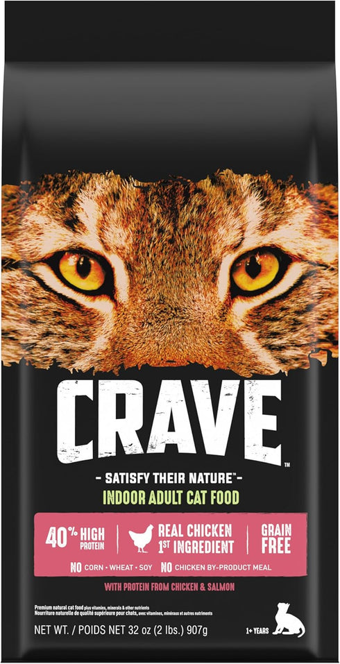 CRAVE Grain Free Indoor Adult High Protein Natural Dry Cat Food with Protein from Chicken & Salmon, 2 lb. Bag