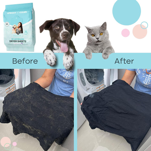 Uproot Clean Dryer Sheets - Pet Hair Reducing Laundry Remover, Prevents Dog and Cat Hair from Sticking, 50ct