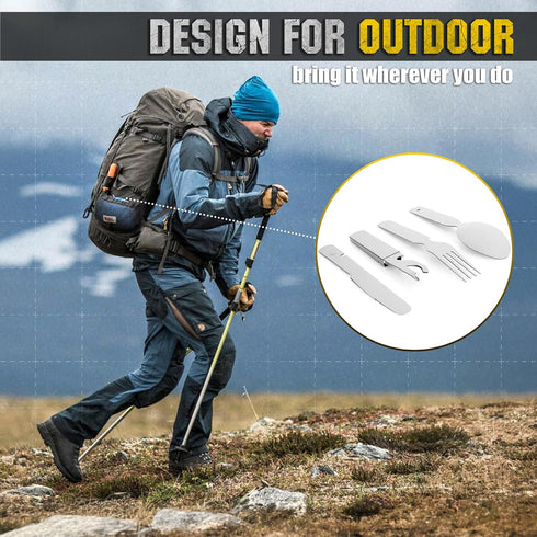 M-Tac 4 in 1 Camping Military Flatware Set - Portable Stainless Steel Travel Cutlery Tools