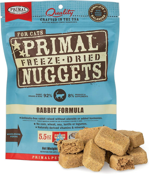 Primal Freeze Dried Cat Food Nuggets Rabbit; Complete & Balanced Meal or Topper; Premium, Grain Free, High Protein
