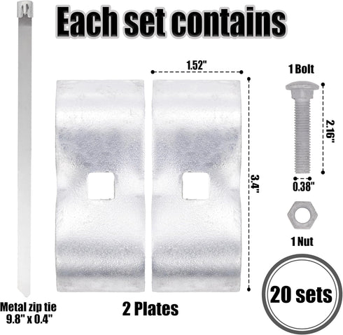 Mabeeze Dog Kennel Panel Clamps for 1-3/8" Pipes - 20 sets Pack of Galvanized Steel Connectors for Chain Link Fence