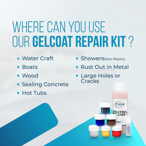 Set 4oz) Gelcoat Repair Kit Marine Fiberglass with Hardener, Coloring Agents & Tools Fix Scratches, Cracks & Chips on