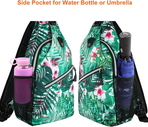 MOSISO Sling Backpack, Travel Hiking Daypack Pattern Rope Crossbody Shoulder Bag, Palm Leaf Flower Design