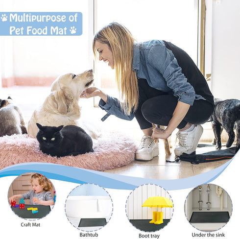 Dog Cat Pet Food Mat for Floor, Waterproof Slip Rubber Mat for Food and Water, Raised Edges Prevent Spill on Floor