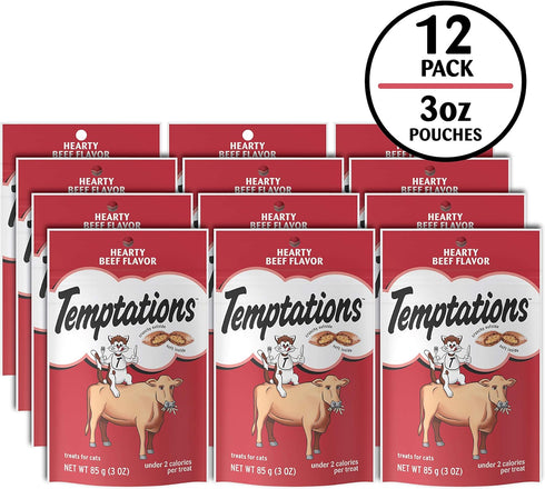 3 oz. (Pack 12) Temptations Classic Soft Cat Treats, Hearty Beef Flavor, Crunchy Cat Treats, Pouch