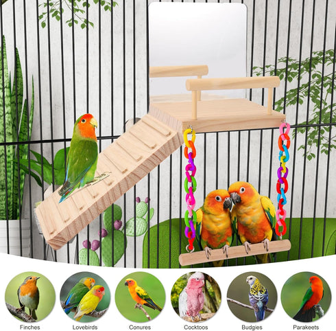 Kyouki Parrotlets,Finch,Canaries Bird Perch Platform Bird Toys with Bird Mirror Climbing Ladder Swing, Parakeet Cage