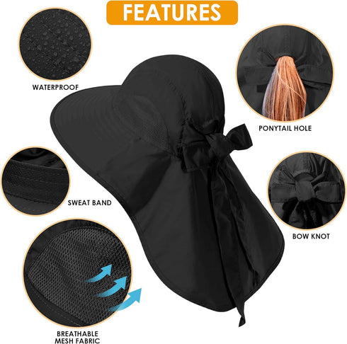 Women's Sun Hat UV Protection, Foldable Waterproof Wide Brim Bucket Hat with Neck Flap