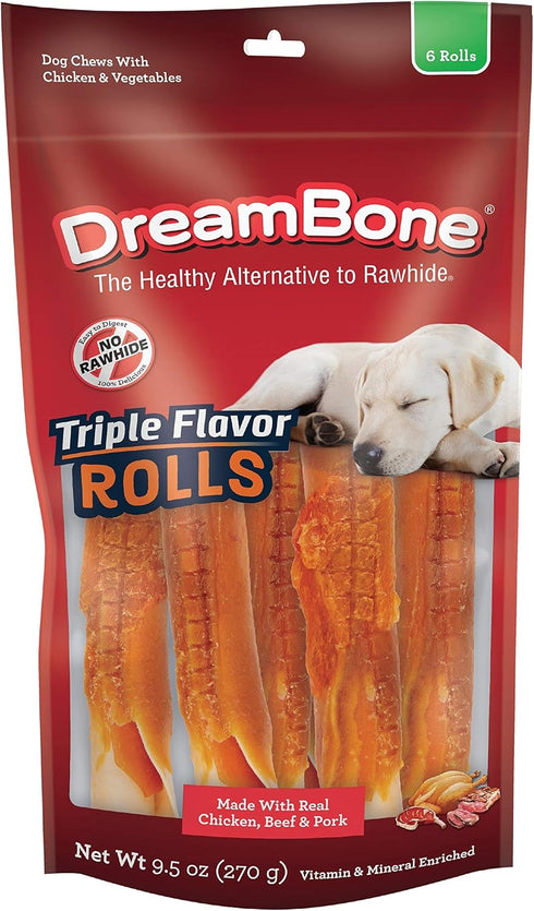 DreamBone Triple Flavor Rolls, 6 Count, Rawhide-Free Chews for Dogs