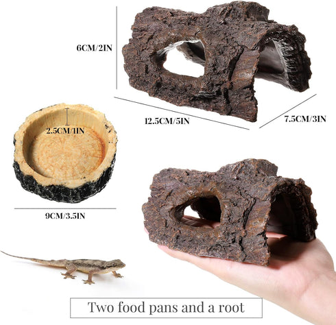 Reptile Hide, Reptile Food Bowls, Lizard Resin Hollow Tree Trunk Hideout, Bearded Dragon Tank Accessories Reptile Water Dish Habitat Tank Decoration for Lizards, Snake, Gecko, 3 Pcs (Brown Rock)