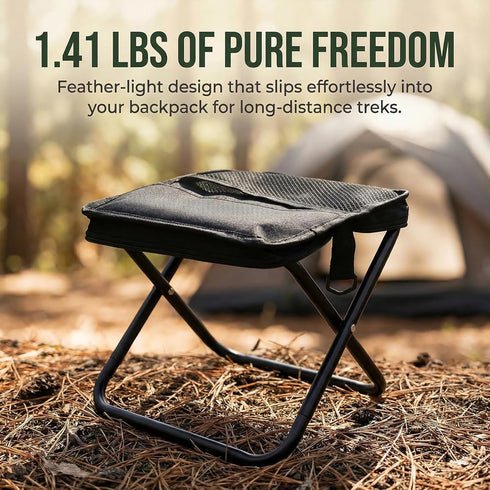 Folding Camping Stool - Portable Pocket Chair Converts to Satchel with External Grid Storage | Perfect for Camping