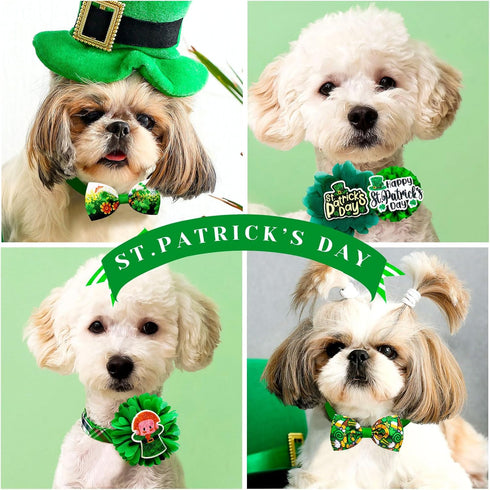 24pcs St.Patrick's Day Dog Bow Ties, Adjustable Green Pet Small Dog Collar Attachment Grooming Bowties, Lucky Clover Dog Bow Ties for Holiday Festival Puppy Dog Collar Accessories