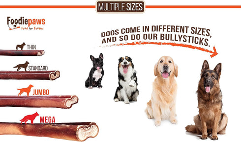 6 Inch 25 Pack FOODIEPAWS Thin Bully Sticks for Dogs, Bulk | All Natural, Grass-Fed Beef | High Protein, Rawhide-Free