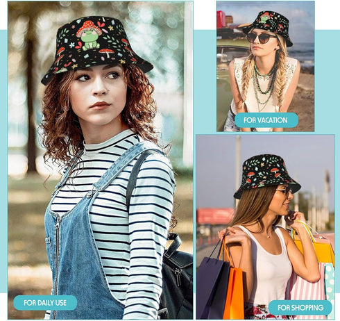 Forest Animals Mushrooms Bucket Hat, Summer Packable Fisherman Cap for Travel and Beach Sun Protection