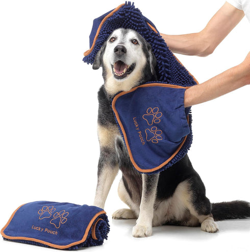 Super Absorbent Shammy Dog Towel - Luxuriously Soft Quick Drying Microfiber Bath Towel for Dogs (Pack of 2, French Navy)