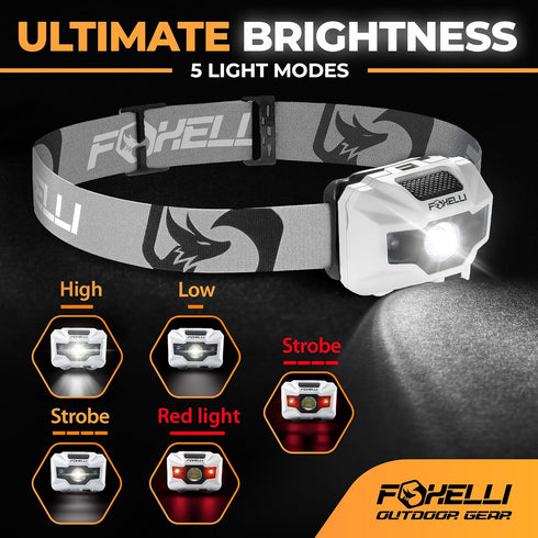 Foxelli Rechargeable LED Headlamp, Ultralight, Waterproof, USB Rechargeable with Red Light for Running, Camping, Hiking