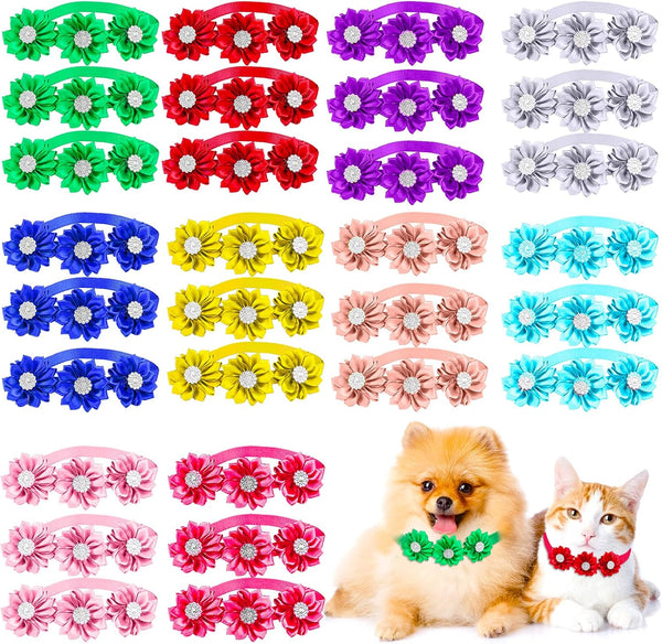 JETTINGBUY 30 Pieces Dog Bow Ties, Adjustable Pet Diamond Flower Collars for Dogs Cats in 10 Colors