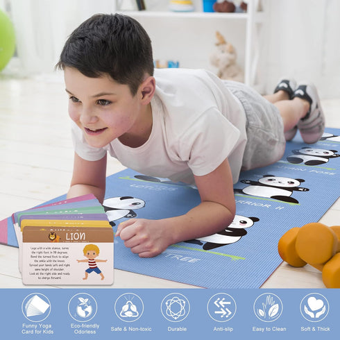 Garybank Kids Yoga Mat Set - Non-slip Exercise Mats with Fun Prints & 12 Yoga Cards for Kids