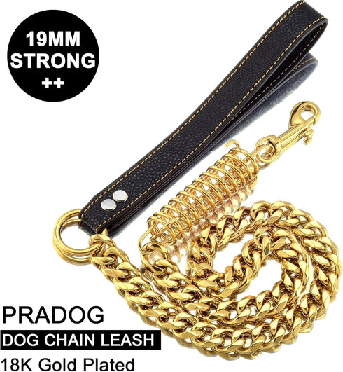 Dog Chain Leash, Heavy Duty Strong Chew Proof 19mm, 2ft 3ft 4ft, Gold Chrome Stainless Steel for Medium Large Dogs