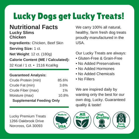 (12 Count) Lucky Premium Treats Lucky Slims - Long Chicken Jerky Dog Treats and Crunchy Dog Chew Sticks with Real