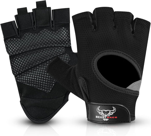 BEAST RAGE Fingerless Weight Lifting Gloves with Palm Protection Padding, Breathable Lightweight Gym Gloves for Men