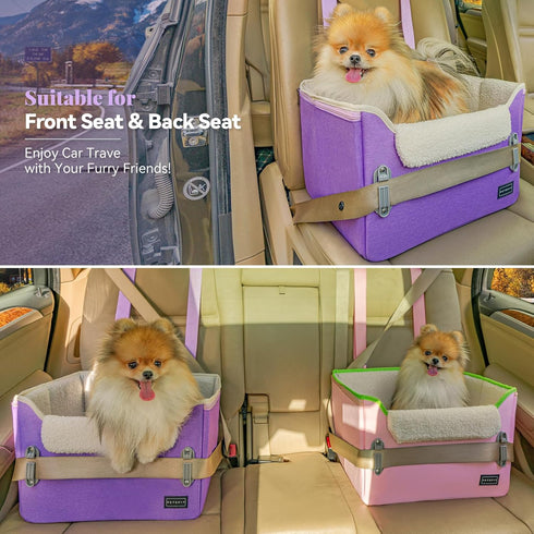 PETSFIT Small Dog Car Seat, Purple, Portable Booster Seat for Dogs Up to 25lbs with Clip-On Leash & Adjustable Straps
