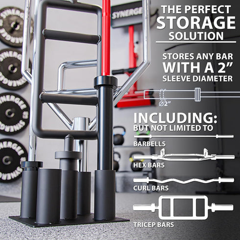 5 Commercial, 5 Synergee Barbell Holder Storage & Organization for Home, & Garage Gyms. Holds Bars, EZ Curls, Hex Bars.