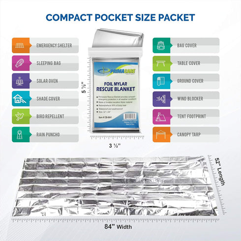 Primacare HB-10 Emergency Foil Mylar Thermal Blanket (Pack of 10), 52" Length x 84" Width, Silver