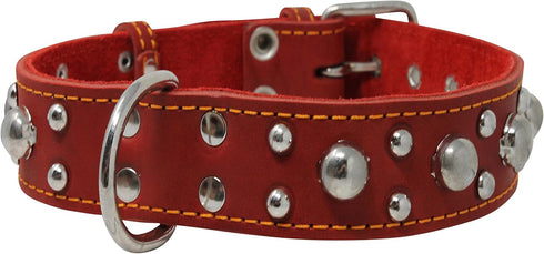 Red Real 1.5" Wide Thick Leather Studded Dog Collar, Fits 17"-21.5" Neck, Large Breeds