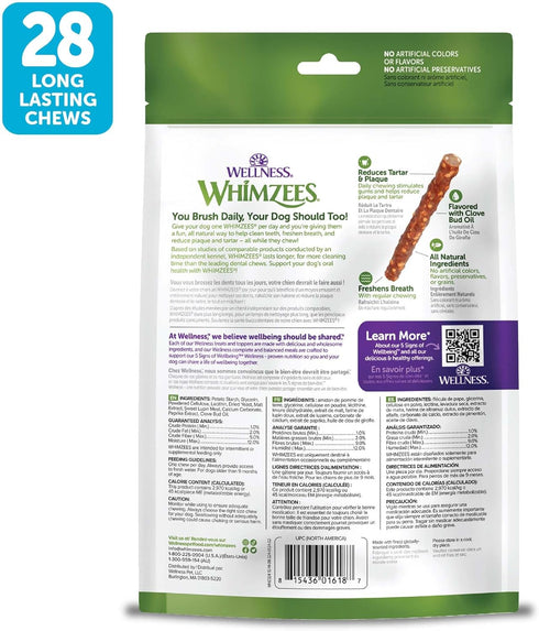 14.81 oz 28 Count Wellness WHIMZEES Veggie Sausage Dog Dental Treat, Chews, Freshens Breath, Small Size, Bag