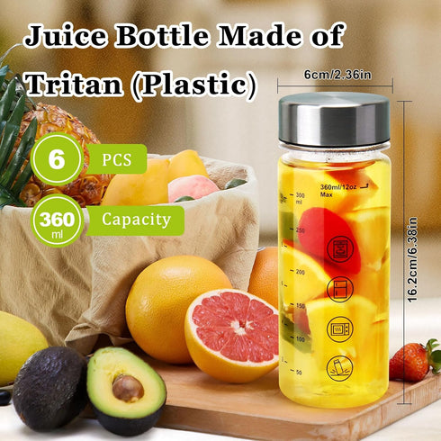 6 Pack Lid(12 Plastic Juice Bottles with Caps - Wide Mouth Resuable Clear Plastic Water Bottles
