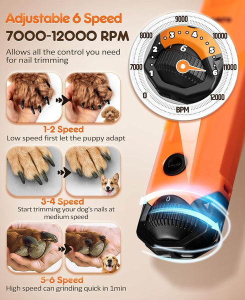 Gimars Upgrade Super Quiet Adjustable 6 Speed Dog Nail Grinder | 12000rpm Powerful | 45 db Dual LED Light | USB