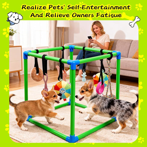 HBLEDOT 8 Puppy Play Gym with Hanging Toys, Small Dogs Indoor Jungle Gym, PVC Frame with Bungee Straps Enrichment