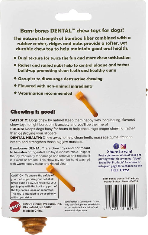 SPOT Bam-Bones Dental X-Bone, Made with Bamboo Fiber, Durable Oral Care Chew for Light Chewers, 6in