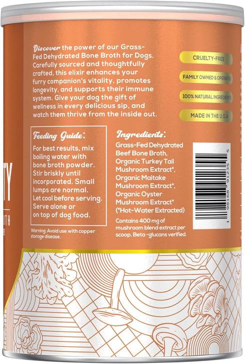 Immune 60 Fido's Longevity Bone Broth for Dogs - Turkey Tail + Maitake Mushroom - Grass-Fed Beef Bone Broth Powder