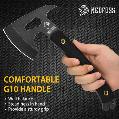 NedFoss Bison 9.8" Tactical Hatchet Axe, Tomahawk with Leather Sheath, G10 Handle, Camping Gear, Multifunctional