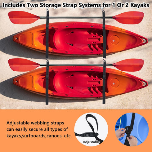 Kayak Storage Strap System with Adjustable Hanging Straps for 1 or 2 Kayaks, Paddle Board, Canoe