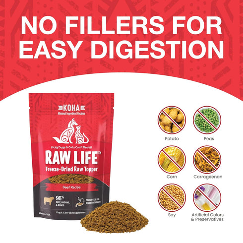 KOHA Raw Life Freeze-Dried Raw Topper, Beef for Dogs and Cats, High Protein Meal Topper, 8oz Bag