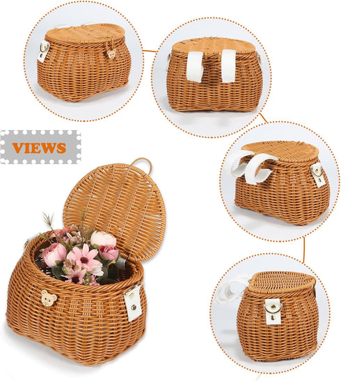 Kids Bike Basket Set, Handwoven Rattan Basket for Bike Scooter Tricycle with Lid and Shoulder Strap