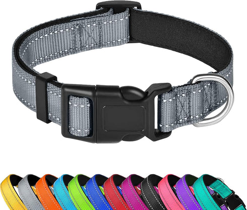Reflective Dog Collar, Adjustable Soft Neoprene Padded Nylon Pet Collars with Buckle for Extra Large Dogs, Gray, XL