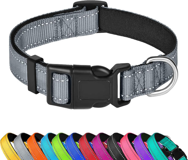 Reflective Dog Collar, Adjustable Soft Neoprene Padded Nylon Pet Collars with Buckle for Extra Large Dogs, Gray, XL