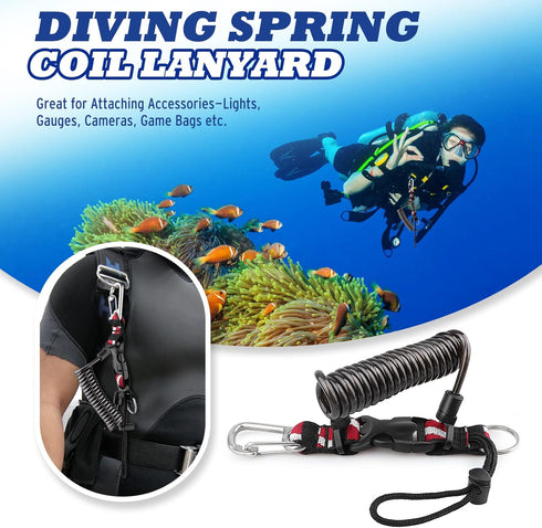 Scuba Diving Lanyard, Heavy Duty Stainless Steel Spring Coiled Lanyard with Quick Release Buckle and Dive Flag Webbing Strap for Cameras and Dive Lights
