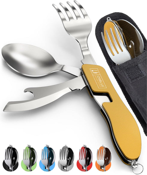 Orblue 4-in-1 Camping Utensils 2-Pack, Portable Stainless Steel Spoon, Fork, Knife & Bottle Opener Set
