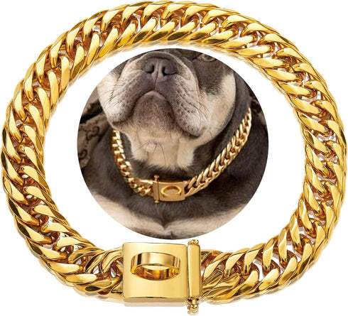 Gold Chain Dog Collar - 16MM 18K Gold Cuban Link with Secure Snap Buckle, Metal Collar for Small Pitbull (16MM, 22")