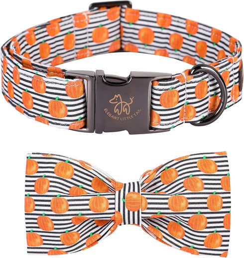 Elegant Little Tail Halloween Dog Collar with Pumpkin Print Bowtie, Adjustable Holiday Gift Collars for Small Medium