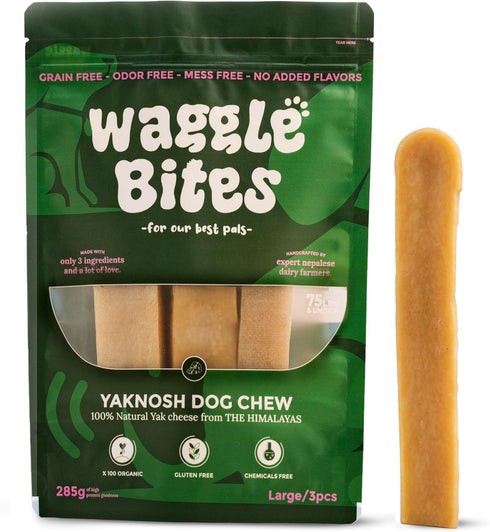 WaggleBites Original Yak Cheese Dog Chew - 100% Natural, Long Lasting, Healthy Treats for Dogs 75 Lbs & Under, 3 pcs