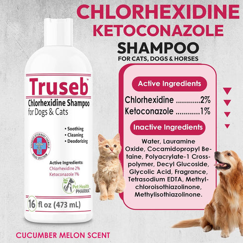 Pet Health Pharma (16 oz) Truseb Chlorhexidine Shampoo for Dogs Cats & Horses with Aloe Vera - Medicated Antibacterial