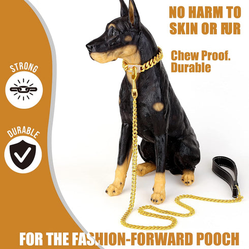 Gold Dog Chain Leash; 3FT 18K Gold Stainless Steel 10mm Cuban Link with Comfortable Leather Handle for Dogs (G)